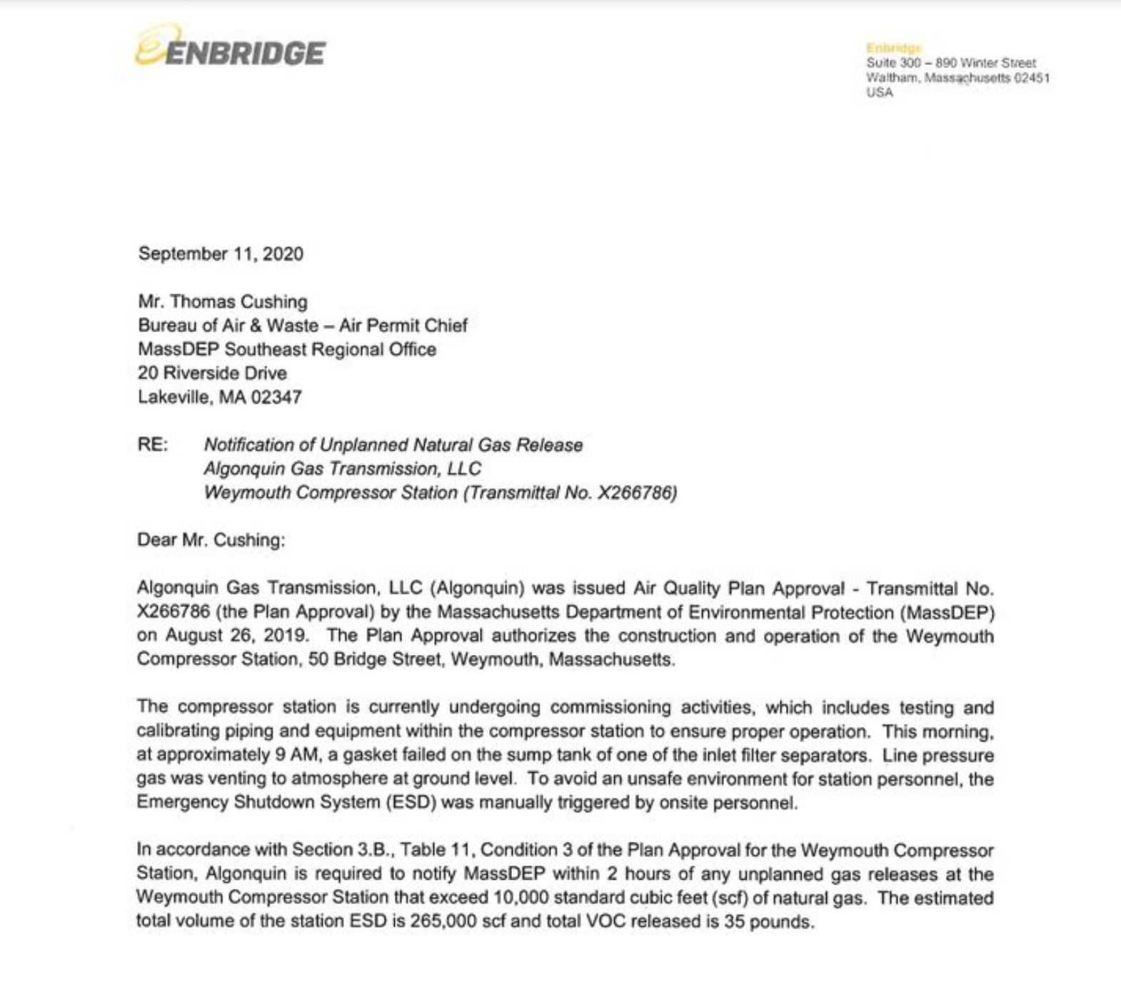 'Unplanned Gas Release' at Controversial Gas Facility in Weymouth